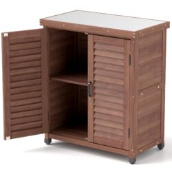 Potting - Bench With Storage Cabinet And Metal Table Top For Outdoor Patio, Garden Furniture Workstation Coffee - Brown