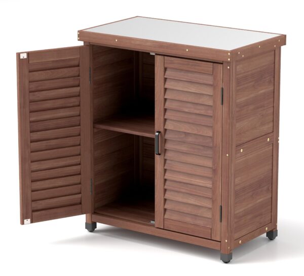 Potting - Bench With Storage Cabinet And Metal Table Top For Outdoor Patio, Garden Furniture Workstation Coffee - Brown