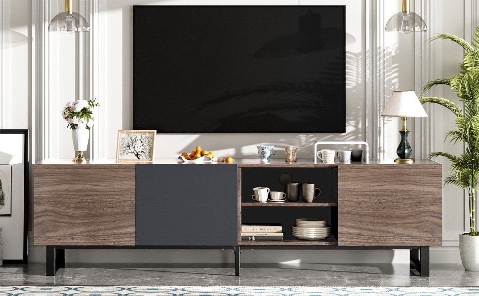 Modern TV With 3 Cabinets & Open Shelves, Color-Matching Media Console Table For Tvs Up To 80'', Entertainment Center With Drop Down Door For Living Room - Dark Brown - Image 24