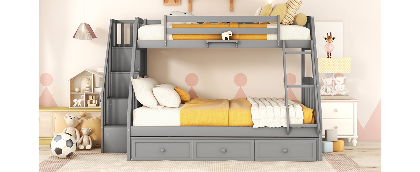 Twin Over Full Bunk Bed With Drawers, Ladder And Storage Staircase - Gray - Image 15