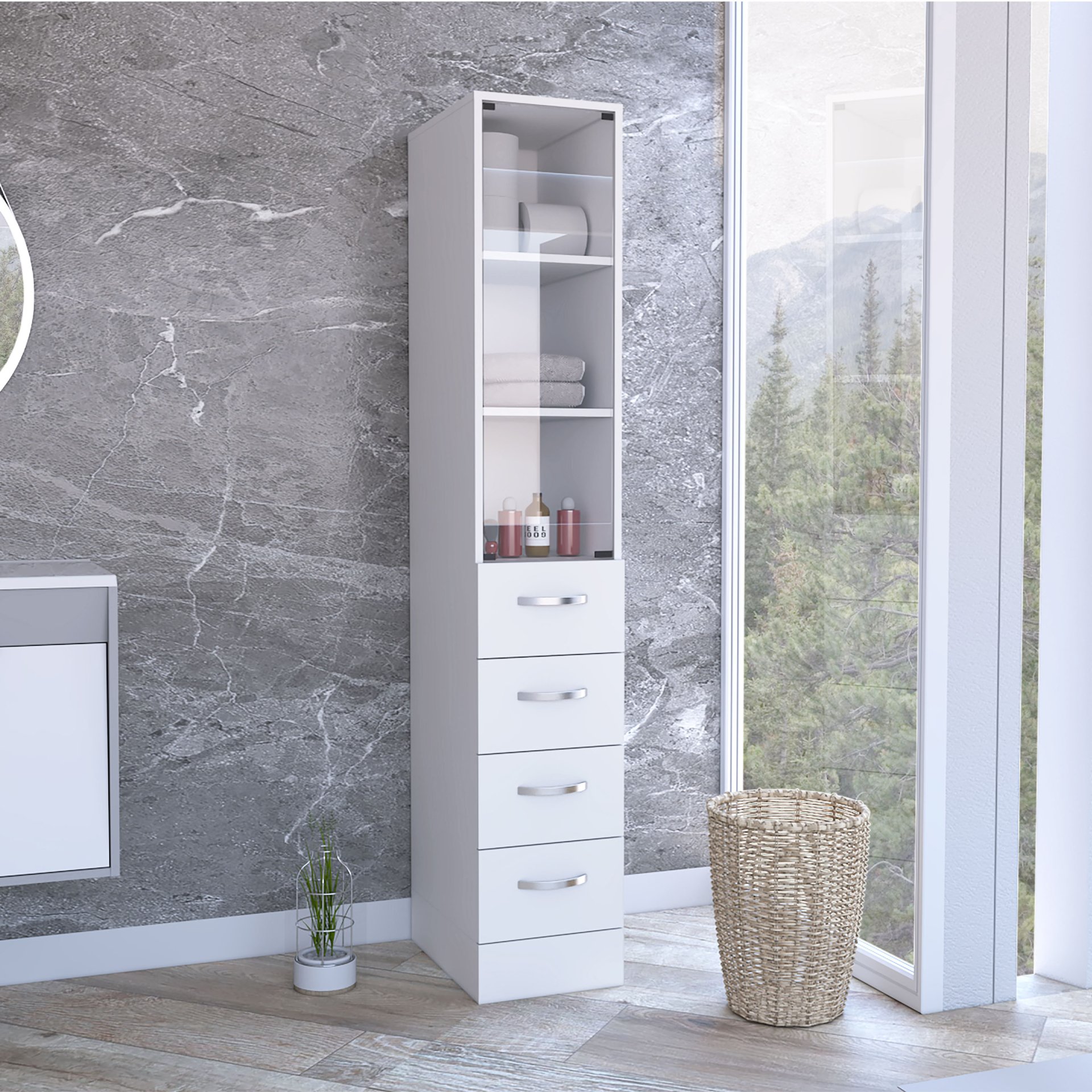 Linen Cabinet, 3 Shelves, 4 Drawers And Metal Handles - White - Image 2