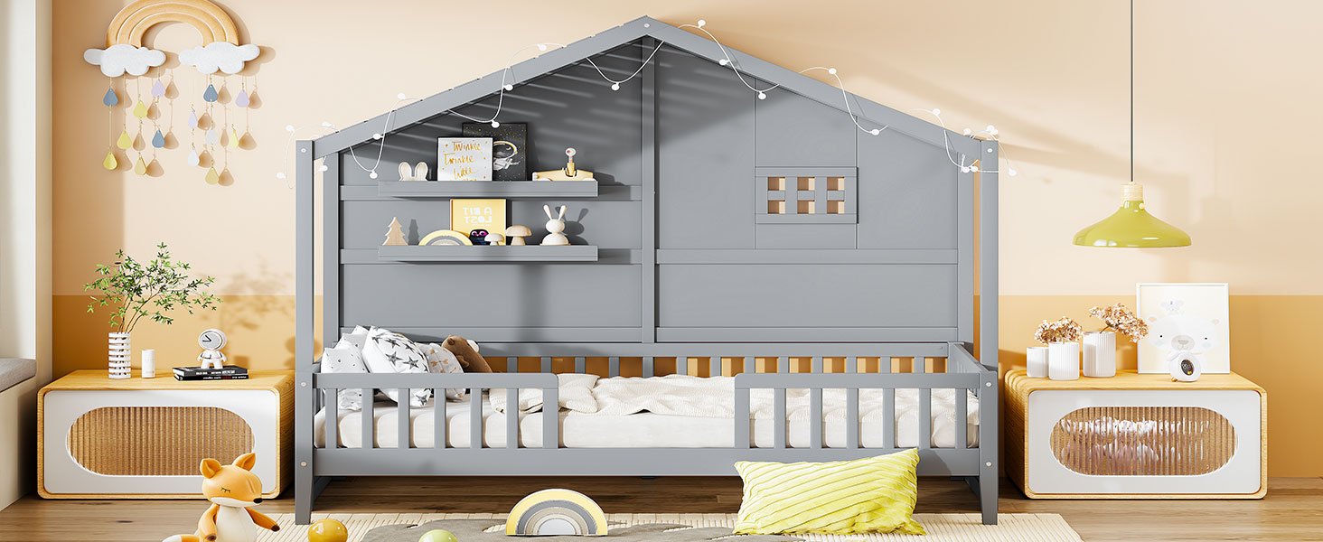 Twin Size House Bed With Shelves, Window And Sparkling Light Strip On The Roof - Gray - Image 23