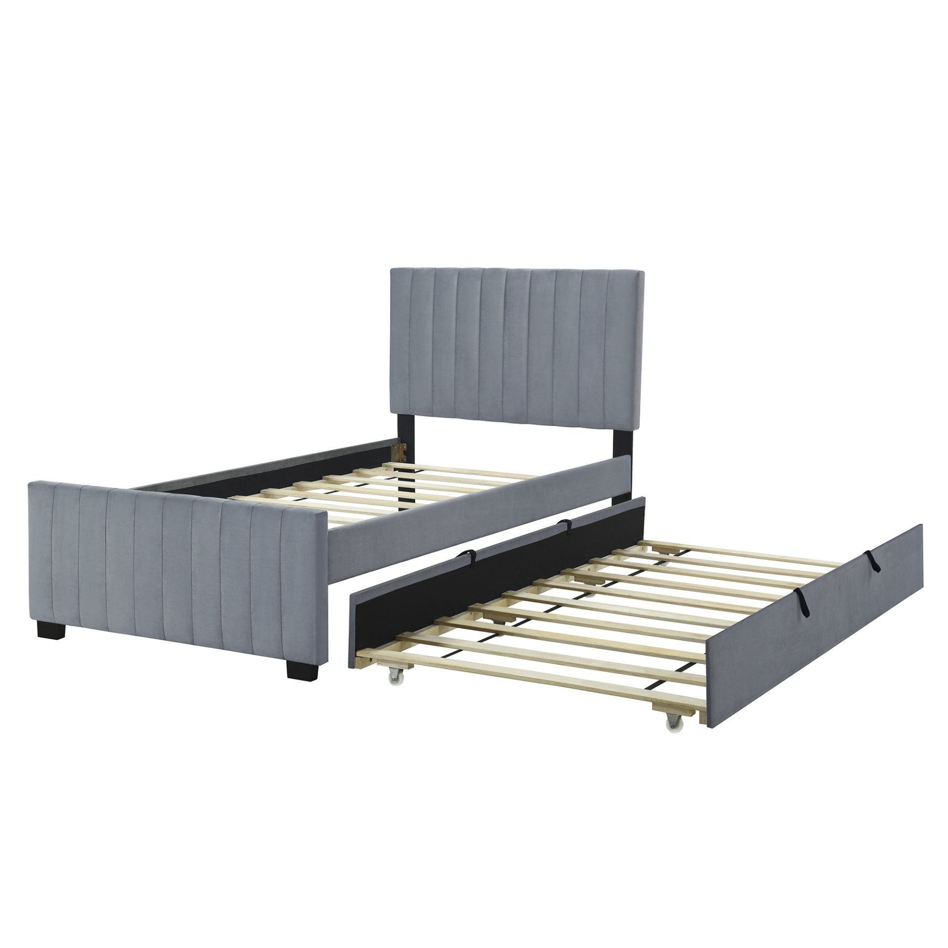 Twin Size Upholstered Platform Bed With Twin Size Trundle - Gray - Image 4