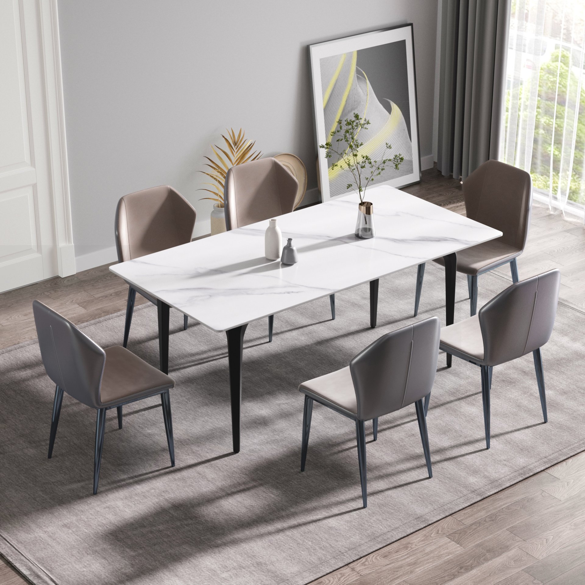 70.87" Modern Artificial Stone White Straight Edge Black Metal Leg Dining Table, Can Accommodate 6-8 People - White / Black - Image 2