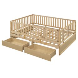 Full Size Daybed With Fence Guardrails And 2 Drawers, Split Into Independent Floor Bed & Daybed - Natural