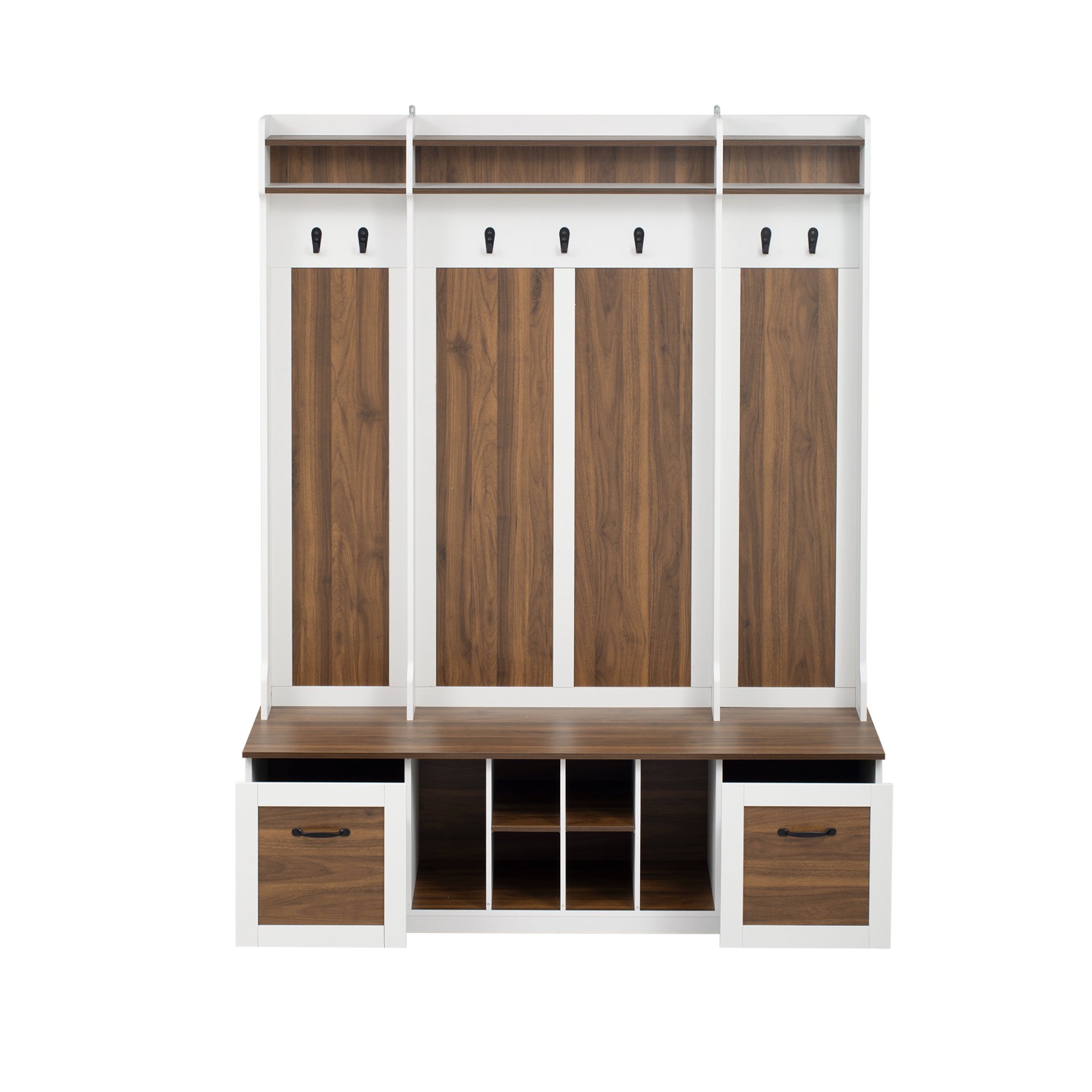 5 In 1 Entryway Bench With Coat Rack, 7 Sturdy Hooks, 2 Spacious Drawers And Adjustable Shelves, Wide Hall Tree With Metal Handles For Hallway - Brown / White - Image 14