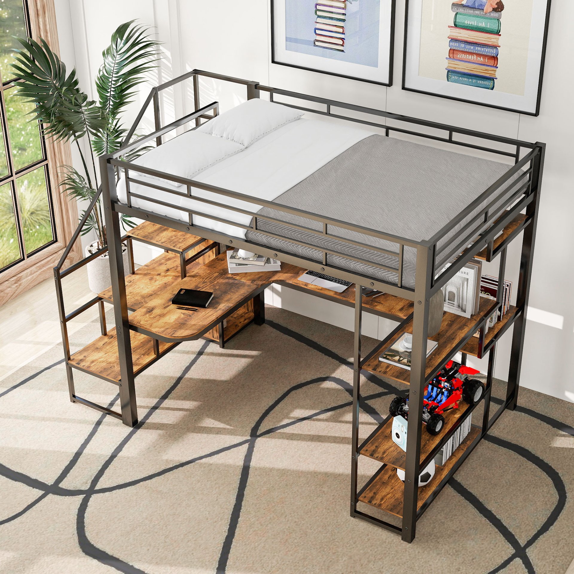 Full Size Metal Loft Bed With Storage Staircase And Small Wardrobe, Built - In Desk And Storage Shelves - Black - Image 5