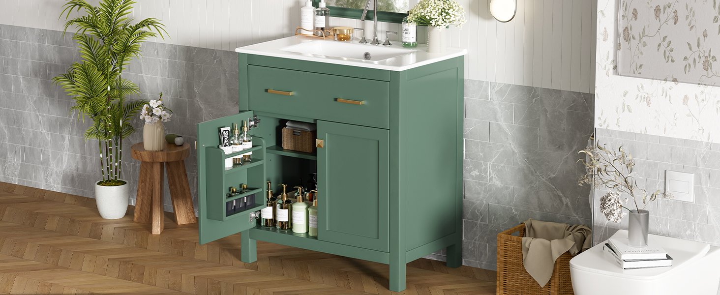 Bathroom Vanity With Ceramic Sink, Modern Single Bathroom Cabinet With 2 Doors And A Shelf, Soft Close Doors - Green - Image 33