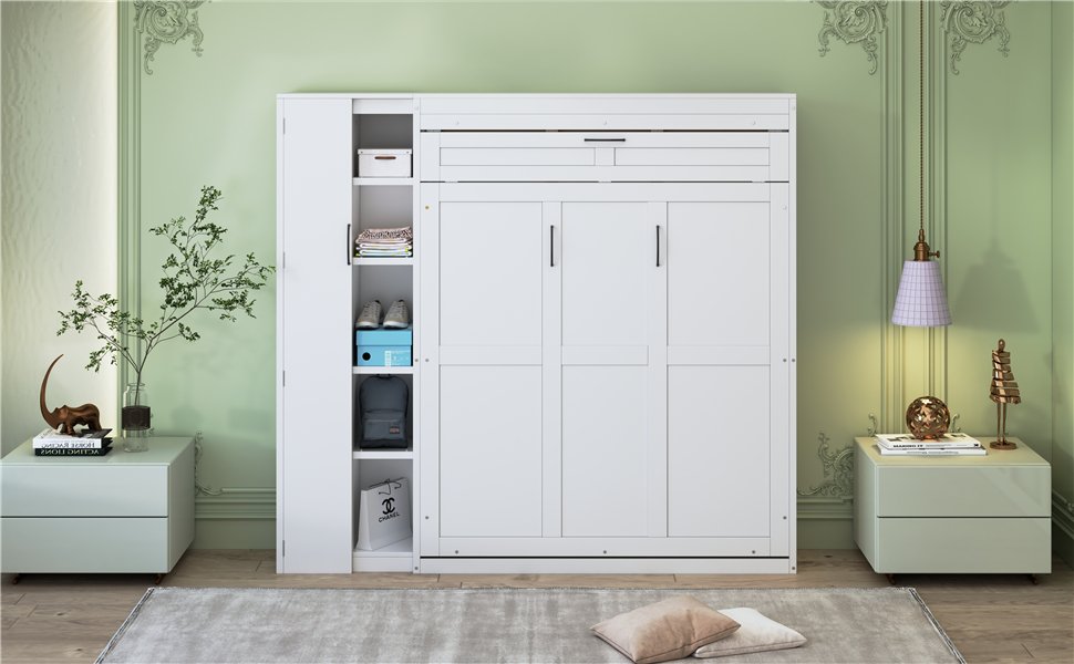 Full Size Murphy Wall Bed With Shelves, Wardrobe And LED Lights - White - Image 23