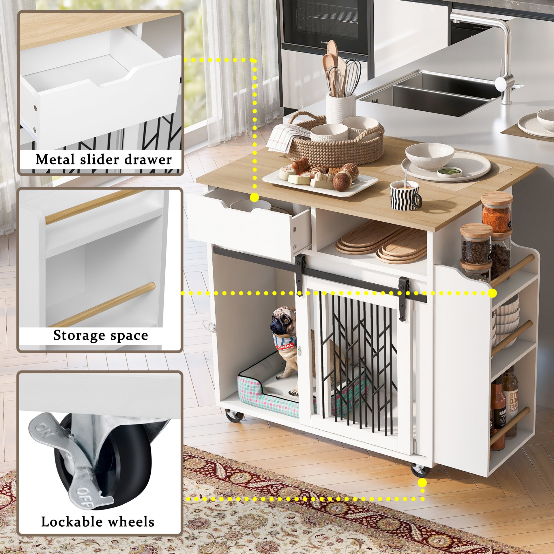 Modern Style 2 In 1 Pet Friendly Dog Crate Kitchen Island End Table Metal Pine - Natural / White - Image 5