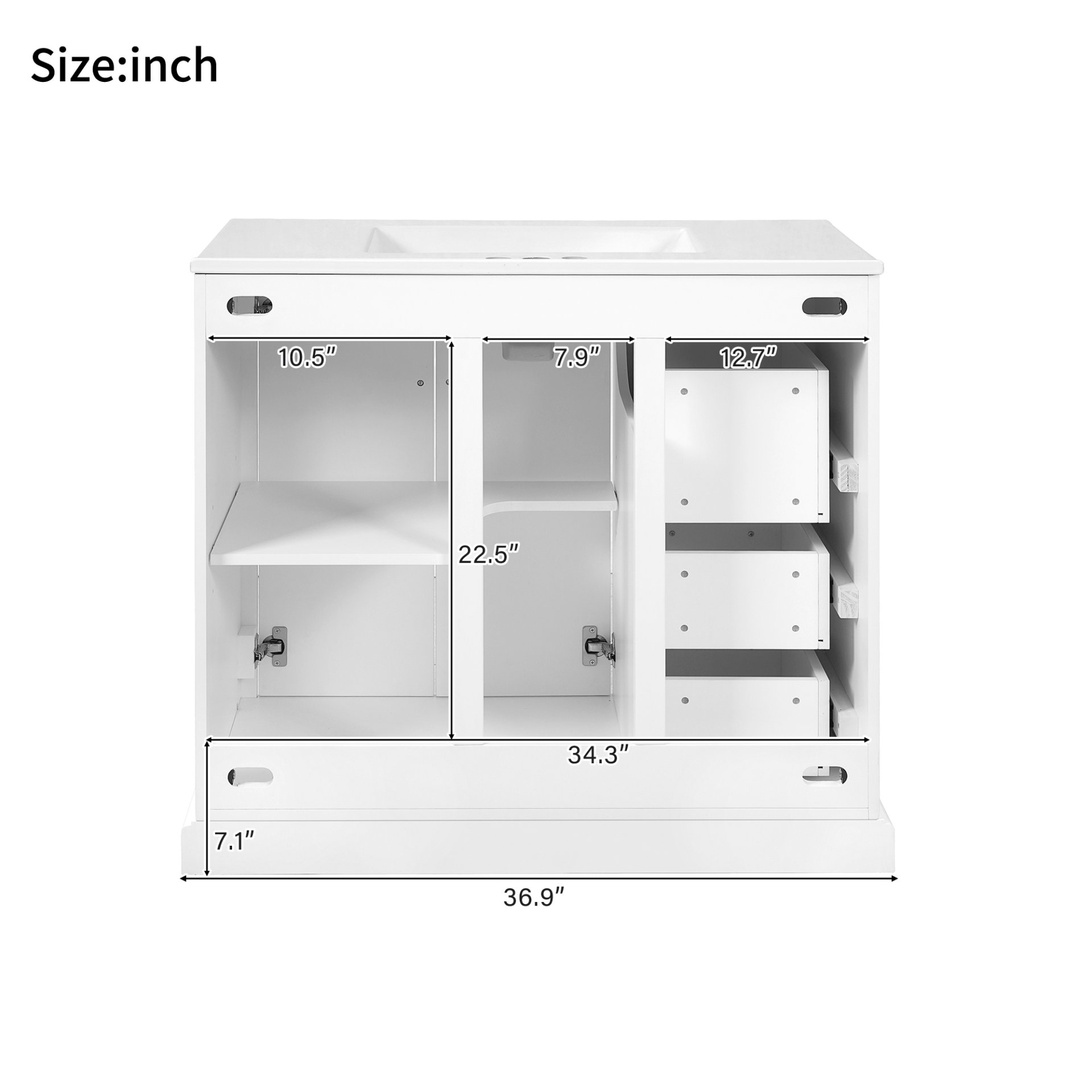 36" Bathroom Vanity With Sink, Soft Close Doors, Adjustable Shelf & 3 Drawers - White - Image 10