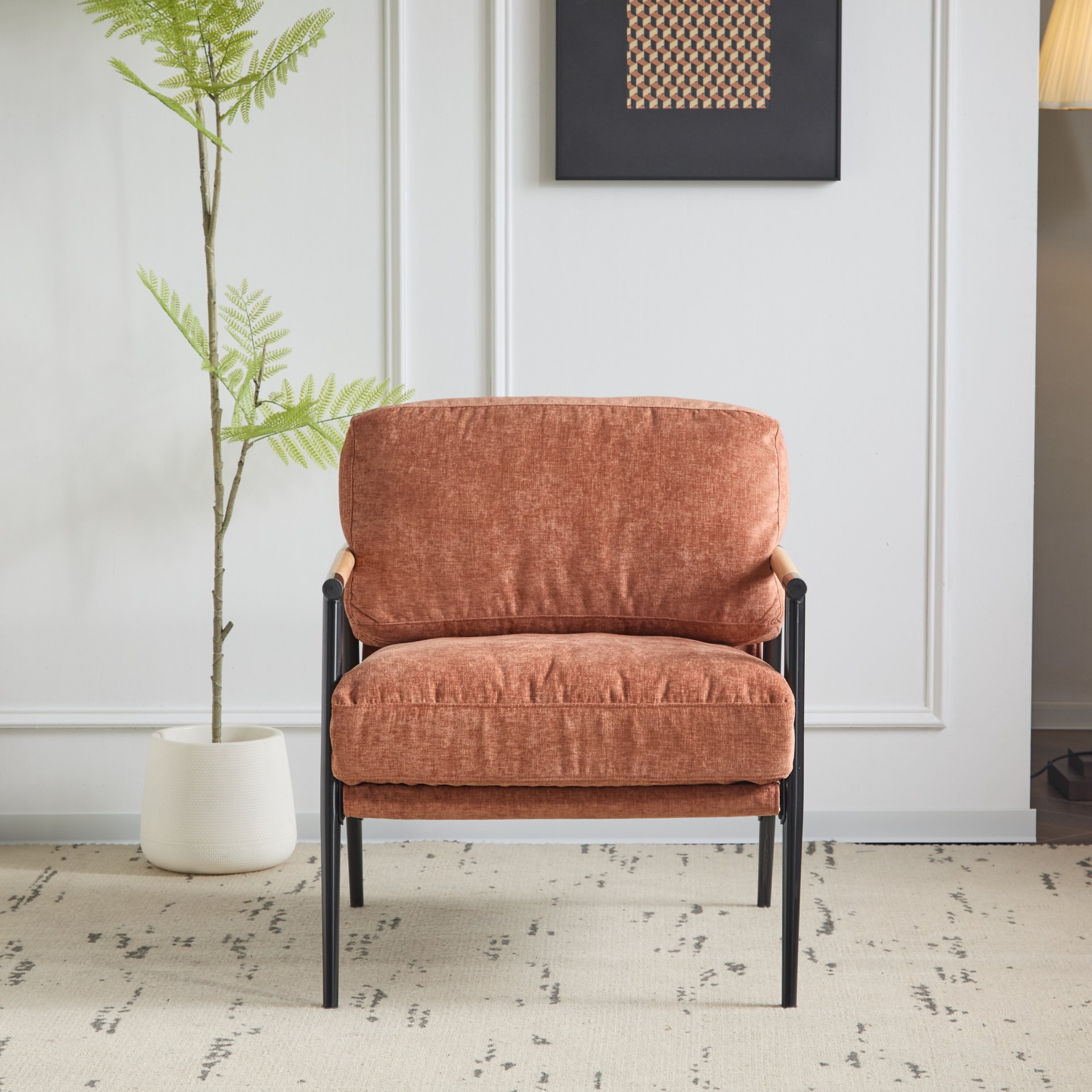 Modern Accent Chair With Plush Cushions, Minimalist Metal Frame, Wooden Armrest Design - Orange - Image 6
