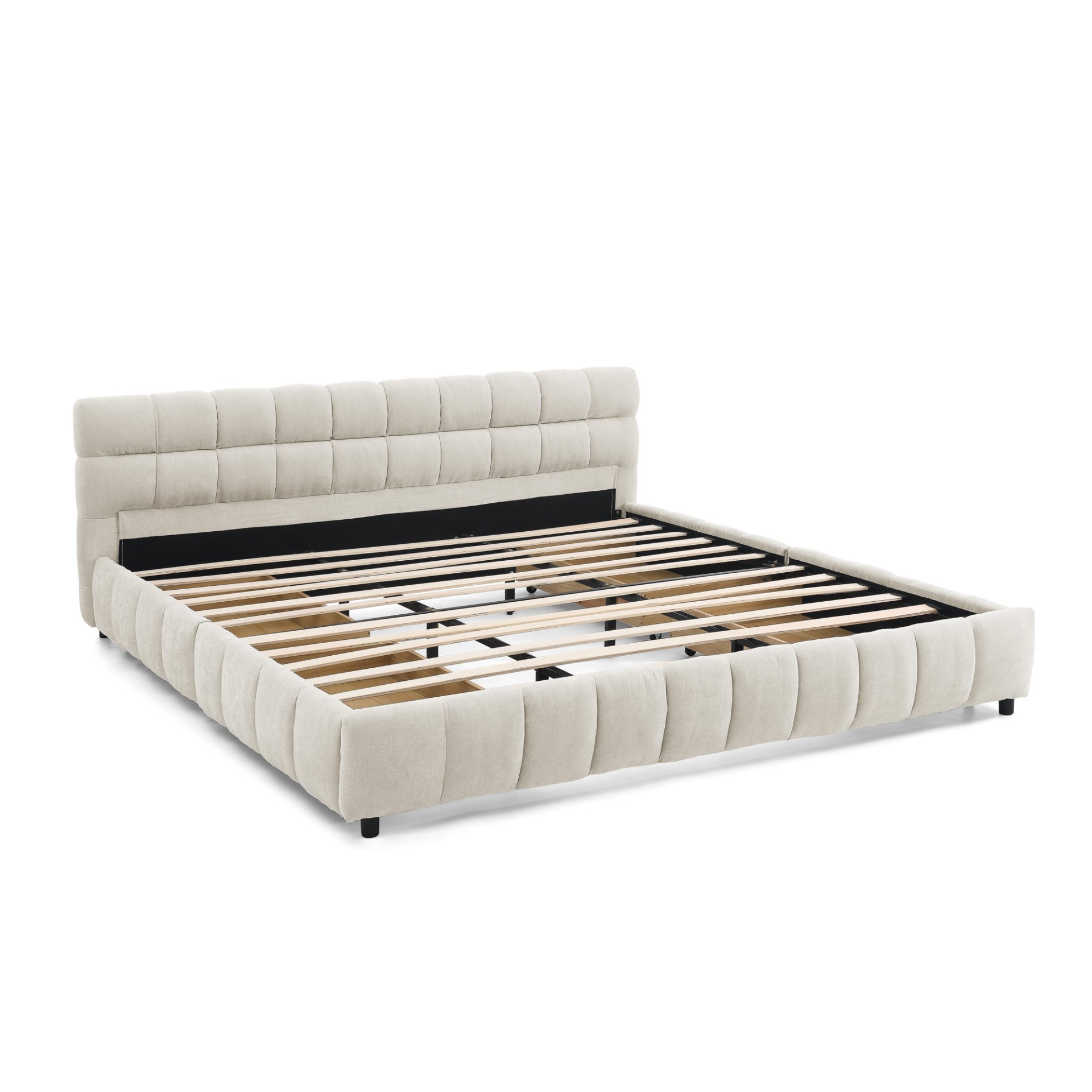 Modern King Size Upholstered Bed With Storage Drawer Solid Frame - Beige - Image 16