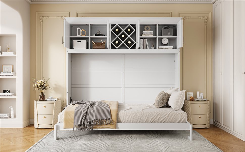 Queen Size Murphy Wall Bed With Top Cabinets & Wine Rack - White - Image 23