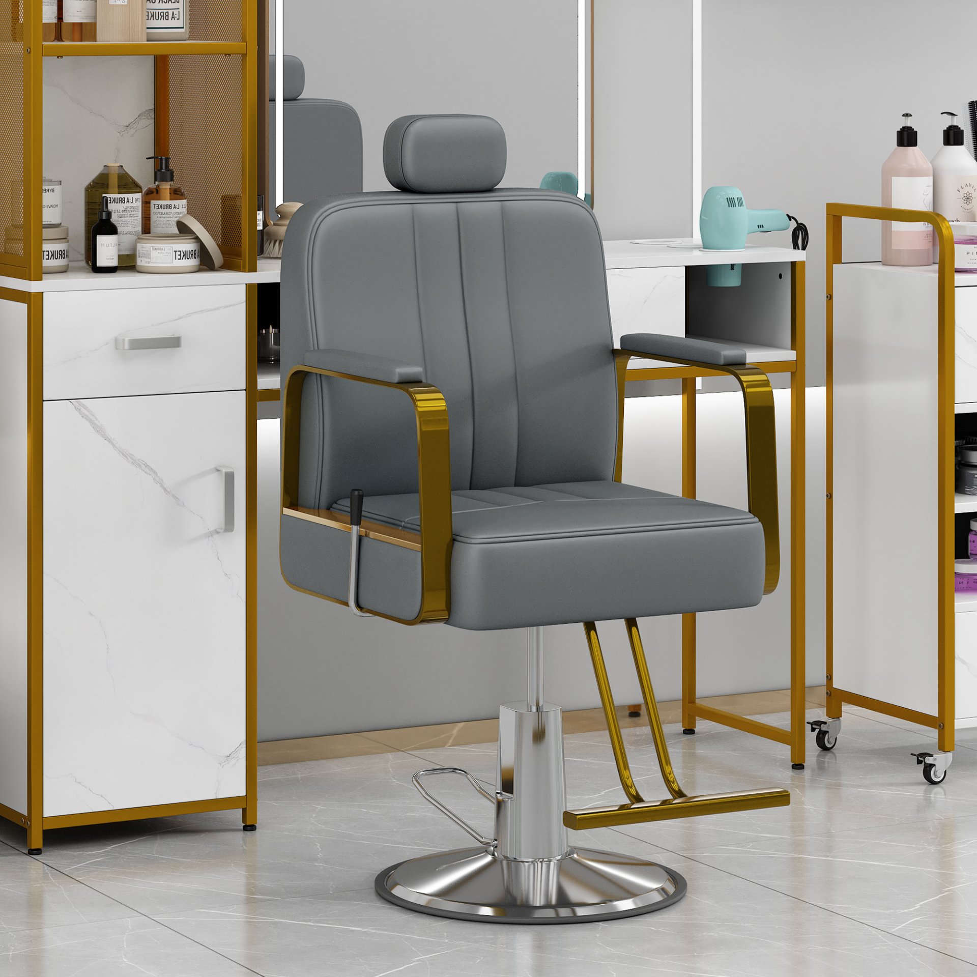 Premium Reclining Barber Chair Salon Chair For Hair Stylist With Heavy Duty Hydraulic Pump, 360° Rotation, Tattoo Chair Shampoo Beauty Salon Equipment, Max Load Weight 400 Lbs - Gray - Image 2