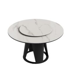 Modern 59'' Sintered Stone Dining Table With Round Turntable And Metal Pedestal 6 Person Set - White