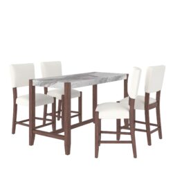 5 Piece Counter Height Dining Set, Faux Marble Bar Table With 4 Upholstered Chairs, Mid Century Style For Kitchen - Beige / White