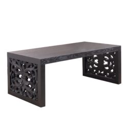 Solid Carved Wood Coffee Table, Handcrafted Look With Ornate Side Panels - Black