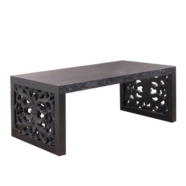 Solid Carved Wood Coffee Table, Handcrafted Look With Ornate Side Panels - Black