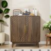 Sideboard Buffet Cabinet With Carved 2 Doors And Adjustable Layer Board For Living Room And Kitchen - Walnut - Image 4