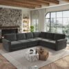 L-Shaped Sofa Couch With Pull Out Bed With Nailhead Trim & Rolled Arm, Sectional Couches, For Living Room - Dark Gray - Image 4