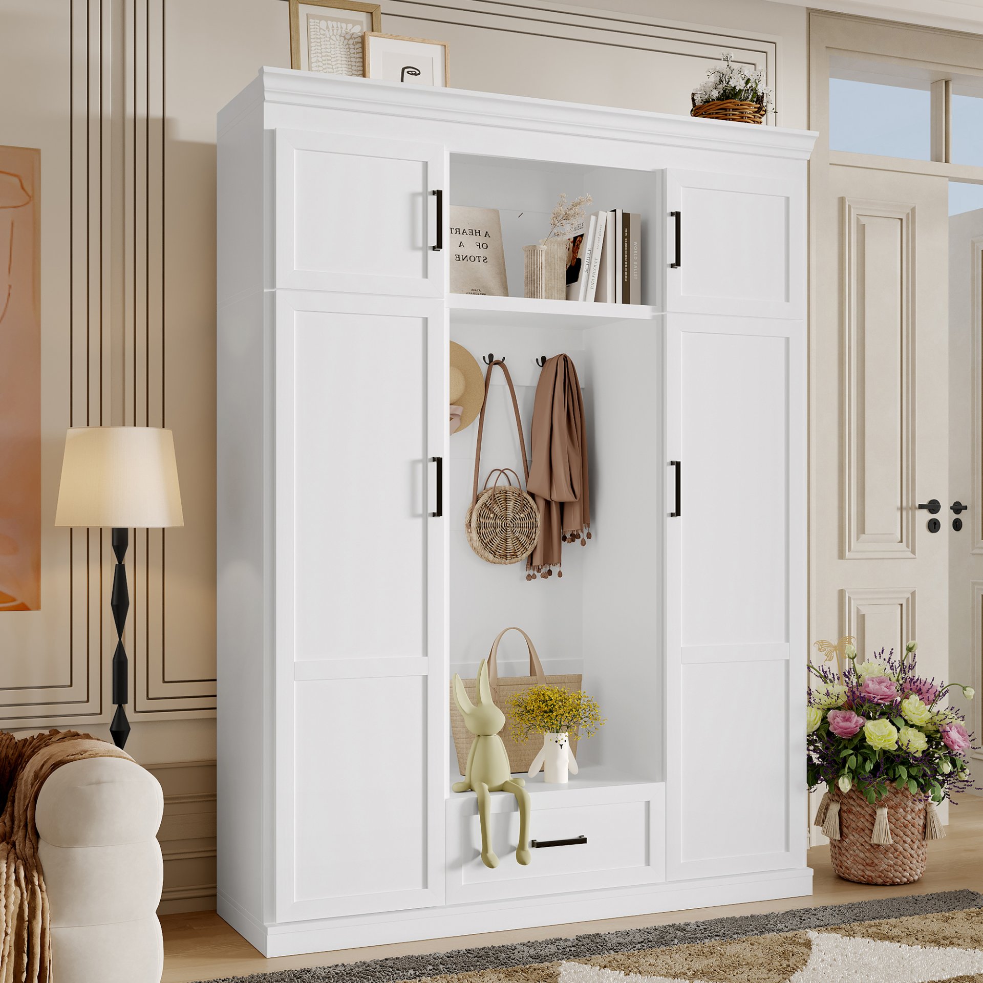 Hall Tree With Bench And 3 Hooks, Modern Entryway Storage Organizer Cabinet With 4 Doors, 1 Drawer And Adjustable Shelves For Hallway, Entryway, Living Room - White - Image 5