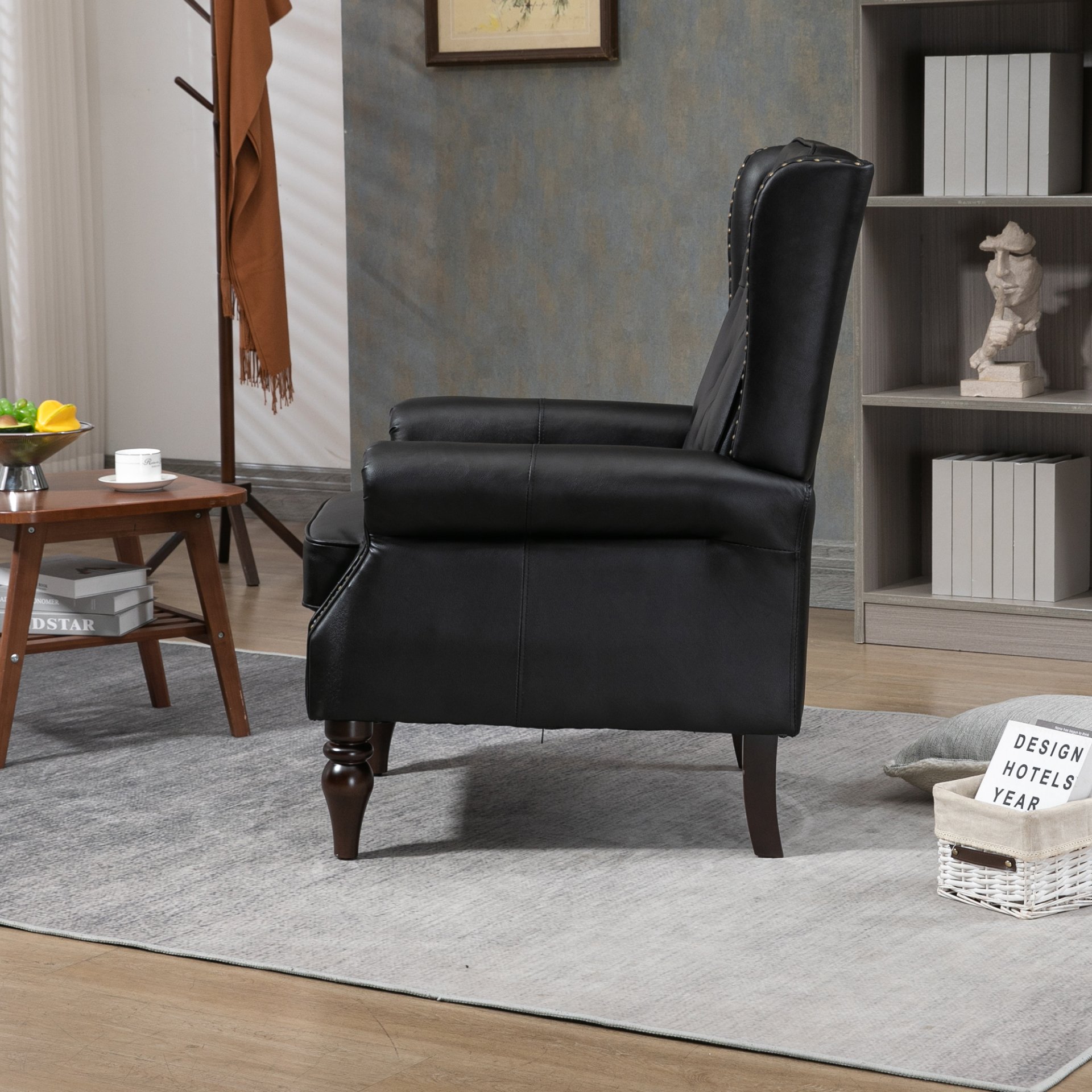 Modern Accent Armchair With Sturdy Wood Legs Leather For Living Room Or Bedroom - Black - Image 9