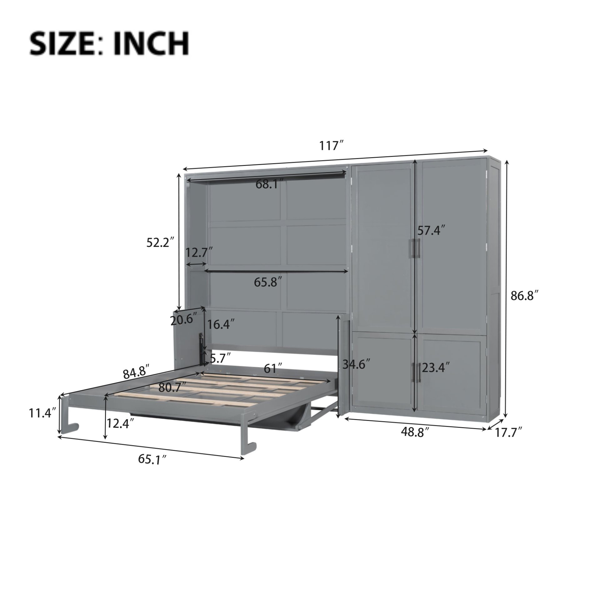 Queen Size Murphy Elegant Wall Bed With Closet - Gray - Image 3
