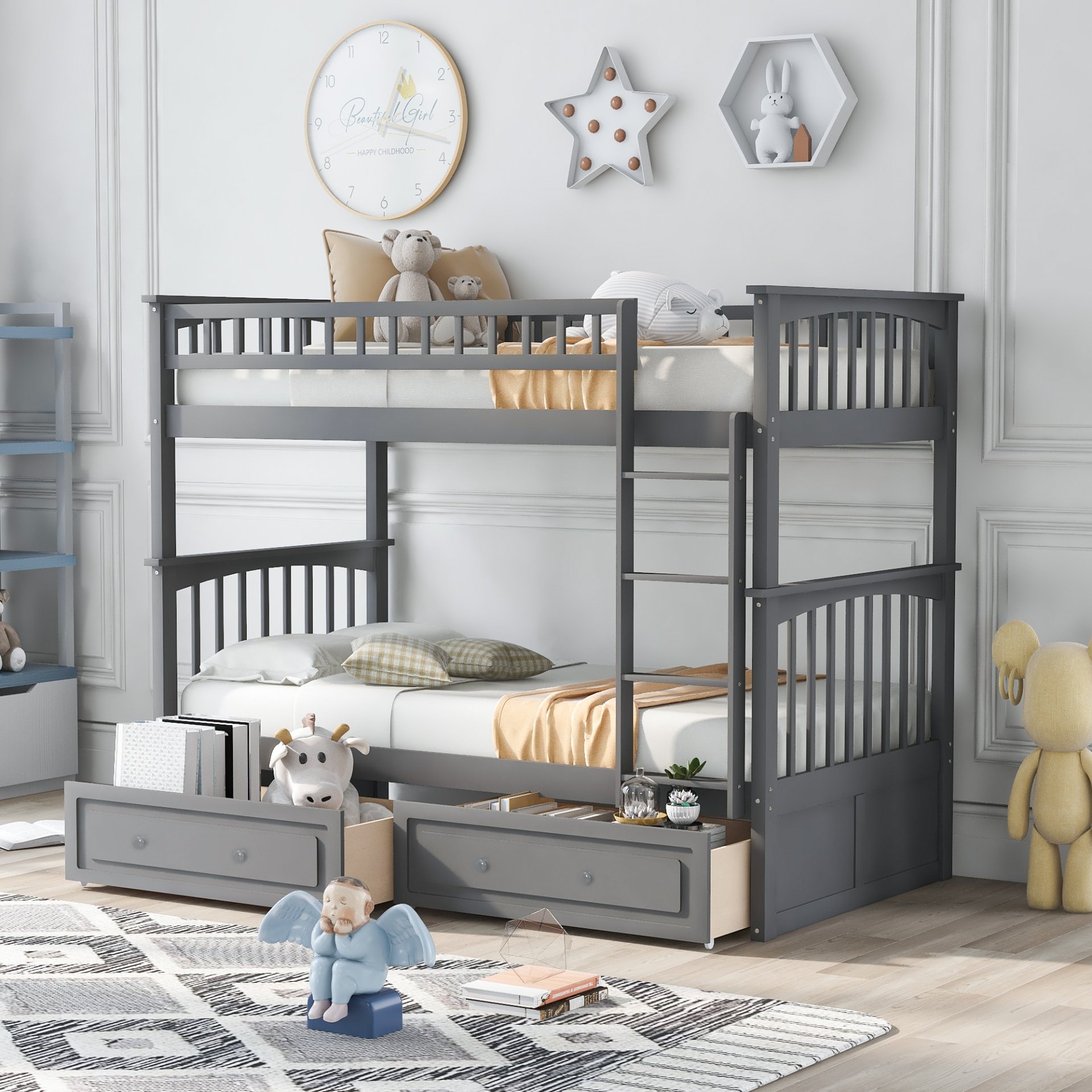 Twin Over Twin Bunk Bed With Drawers, Convertible Beds - Gray - Image 4