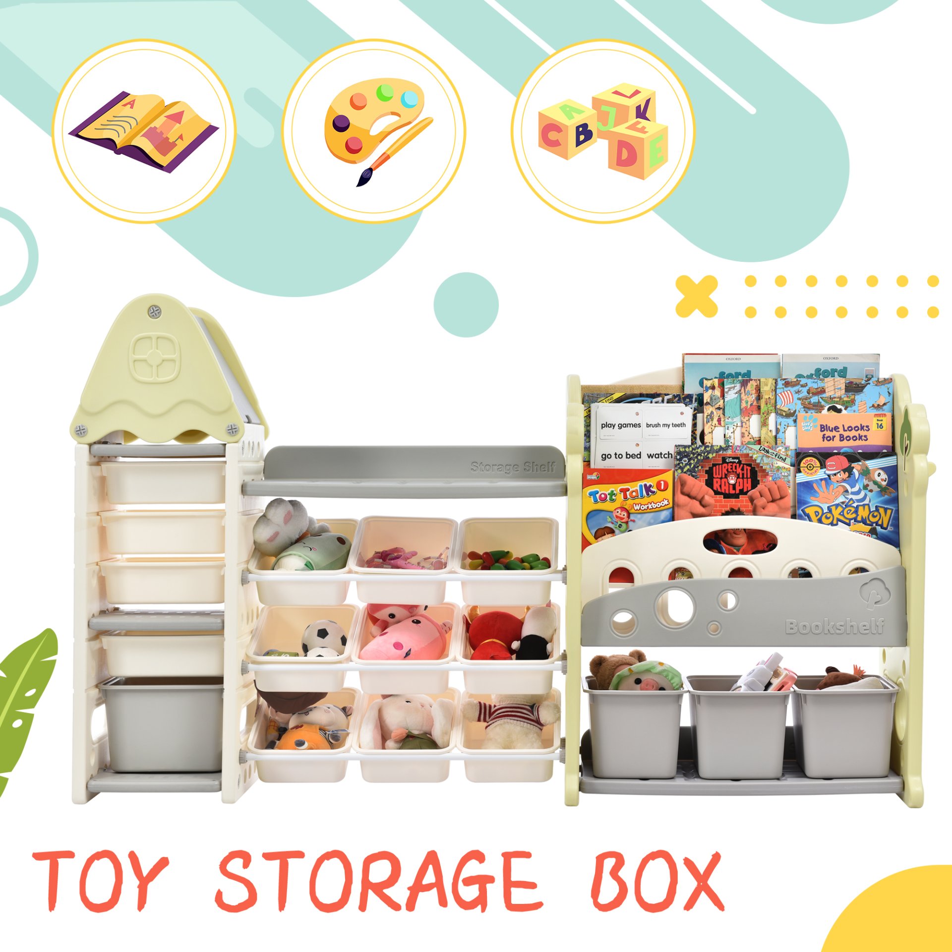 Kids Bookshelf Toy Storage Organizer With 17 Bins And 5 Bookshelves, Multi-Functional Nursery Organizer Kids Furniture Set Toy Storage Cabinet Unit With HDPE SheLF And Bins - Light Green - Image 11