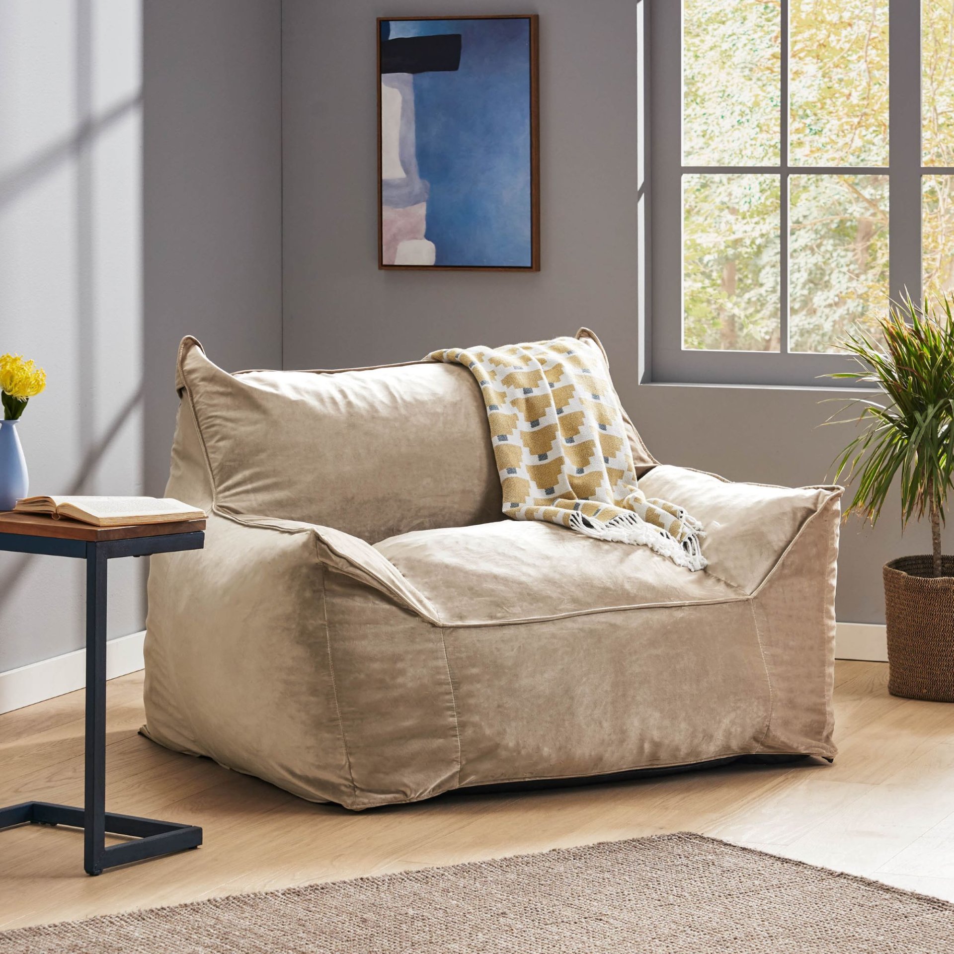 Allea - Velveteen Bean Bag Chair With Armrests, Comfortable Velvet Seating - Taupe - Image 2