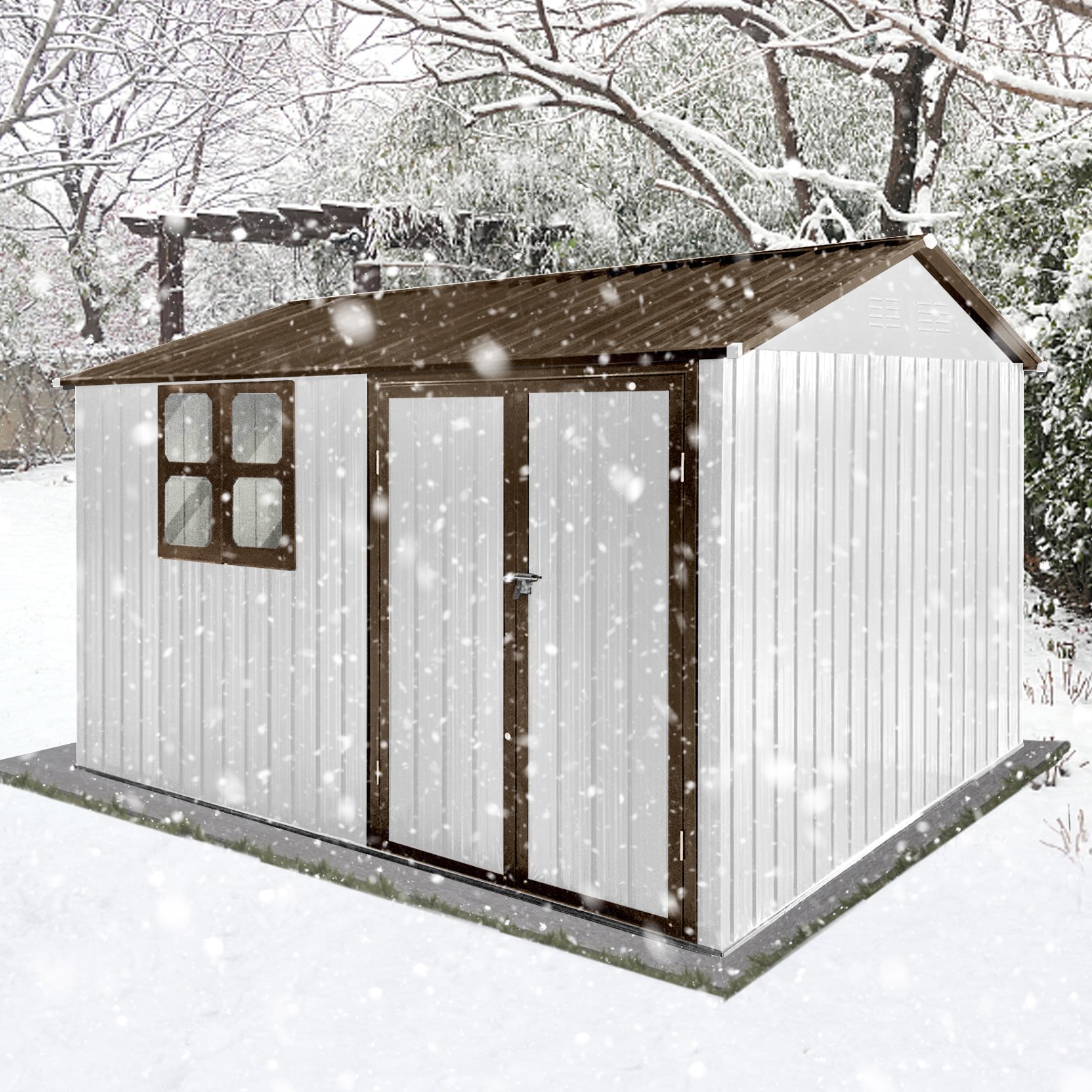 10'x8' Garden Sheds Outdoor Storage Sheds With Window - White / Coffee - Image 3
