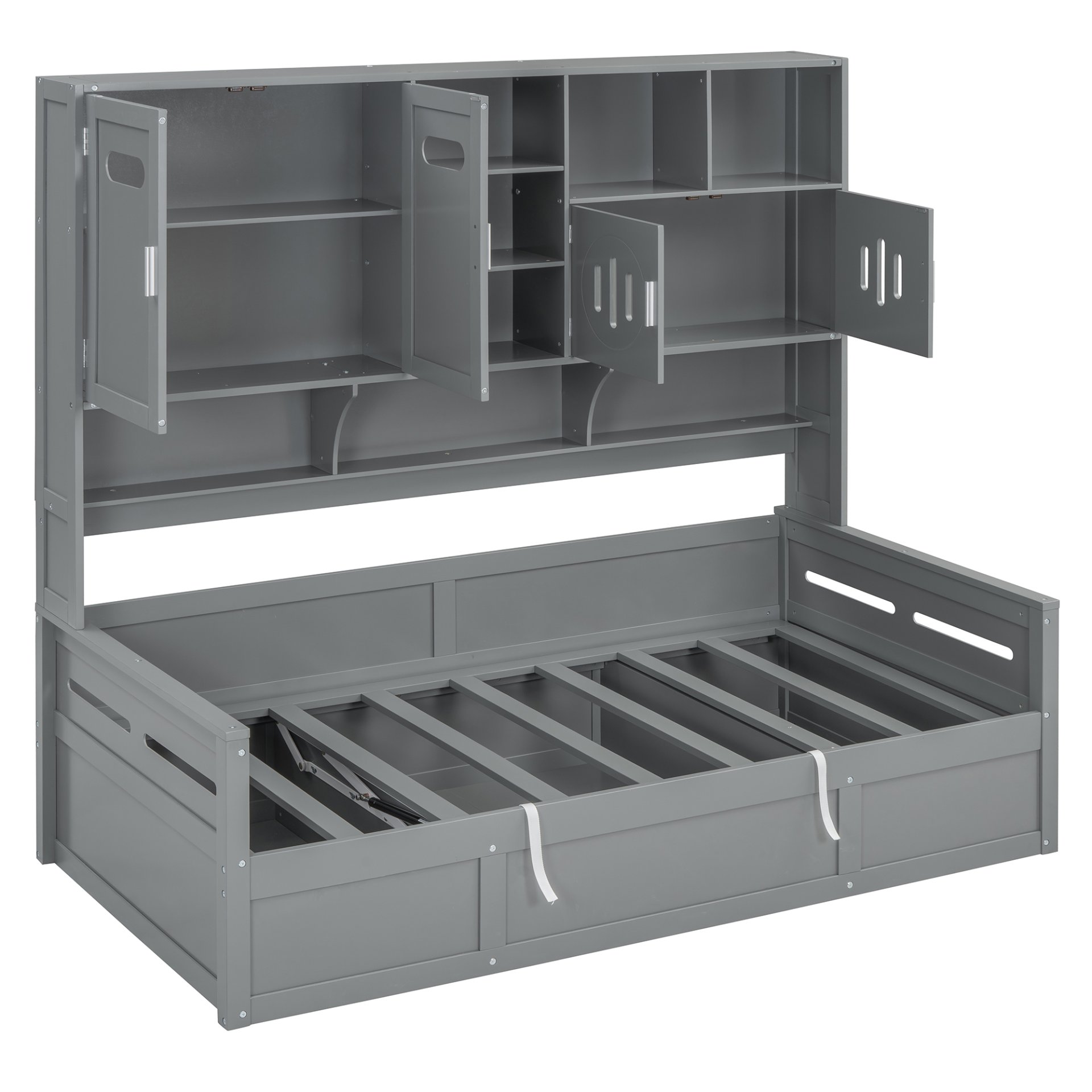 Twin Size Wooden Daybed With Hydraulic Bed And All In One Cabinet And Shelf - Gray - Image 5