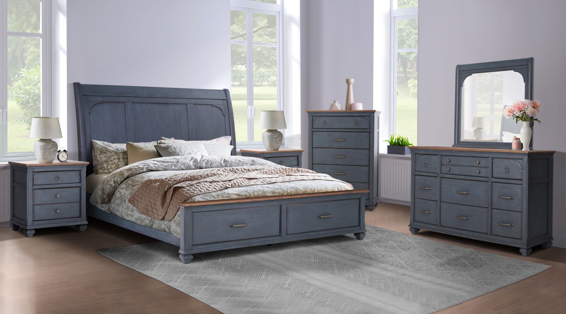 Americana - Queen Size Sleigh Bed - Blue - Image 3