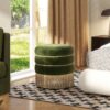 Edward - Round Upholstered Ottoman With Bullion Fringe - Olive Green - Image 7