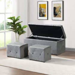 Piece Rectangular Storage Ottoman Short Velvet With 2 Set Ottomans - Light Gray