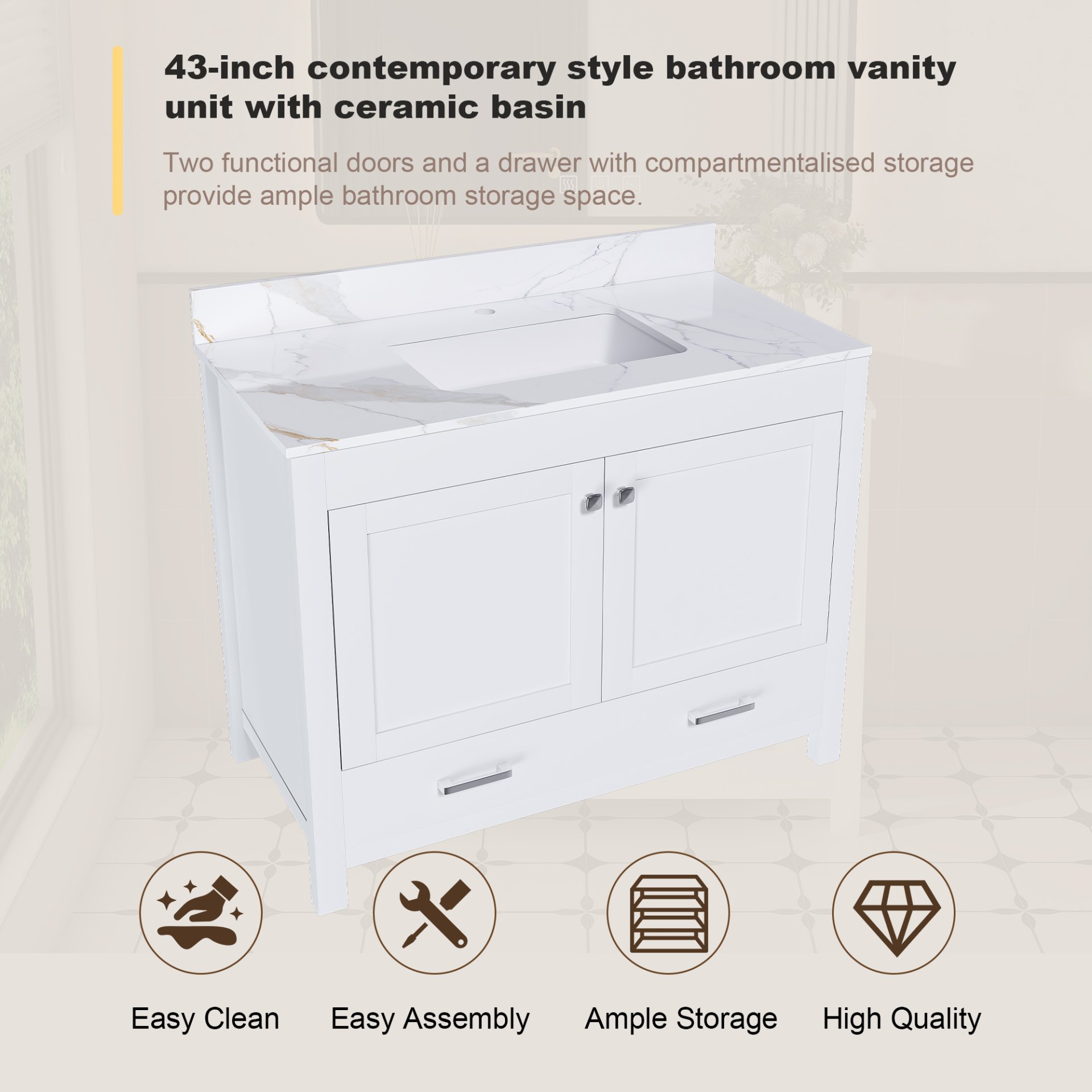 43" Bathroom Vanity, Multi Functional Cabinet, Doors And Drawer - White - Image 5
