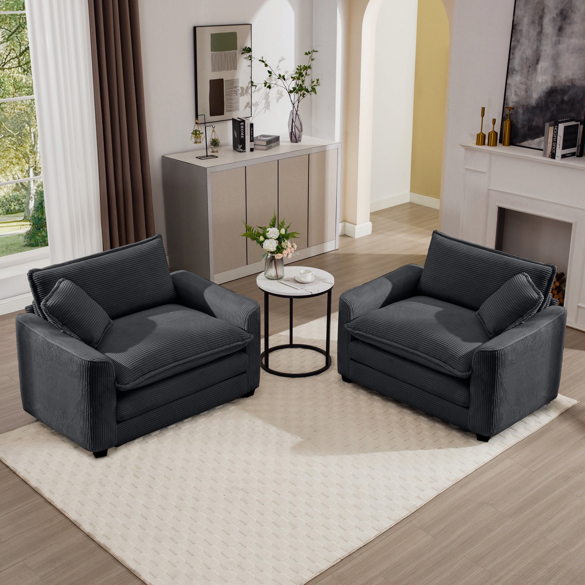 Luxurious Corduroy Deep Seated Sofa Set With 2 Single Chairs For Bedroom And Office - Gray - Image 11