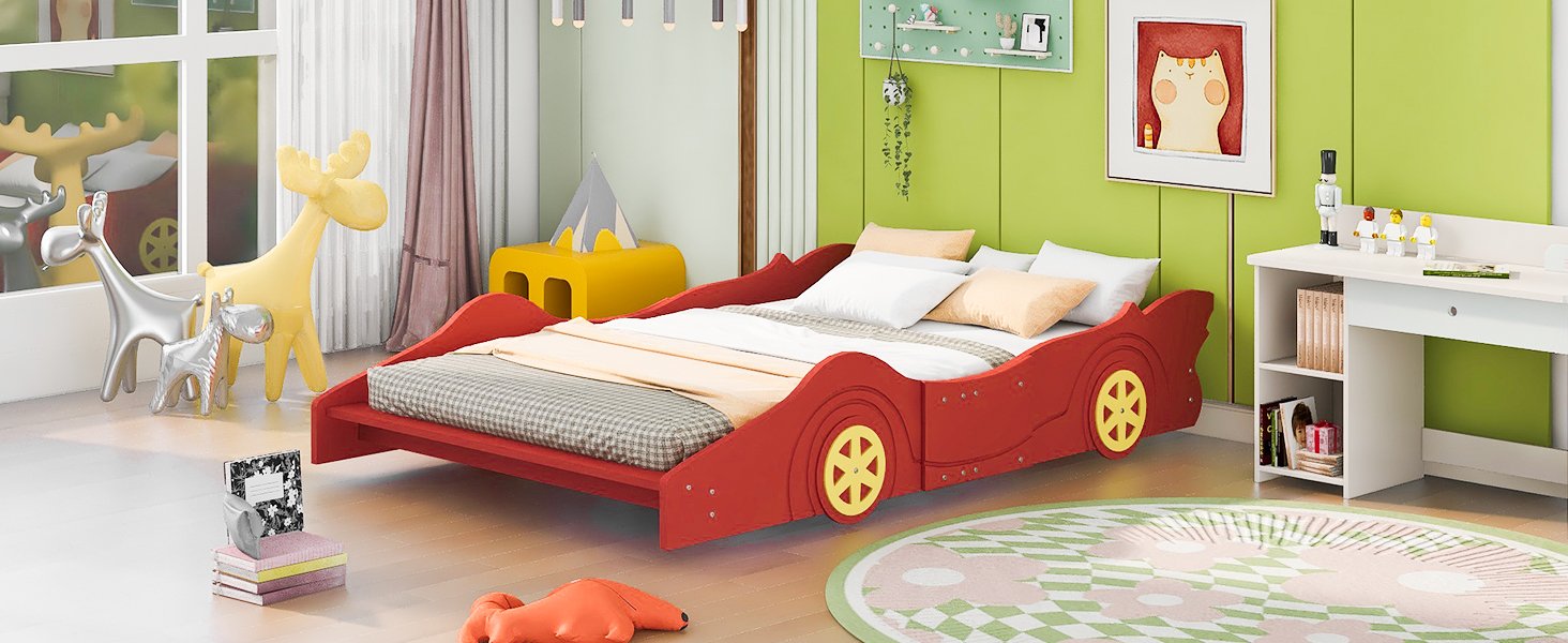 Full Size Race Car Shaped Platform Bed & Wheels - Red - Image 12