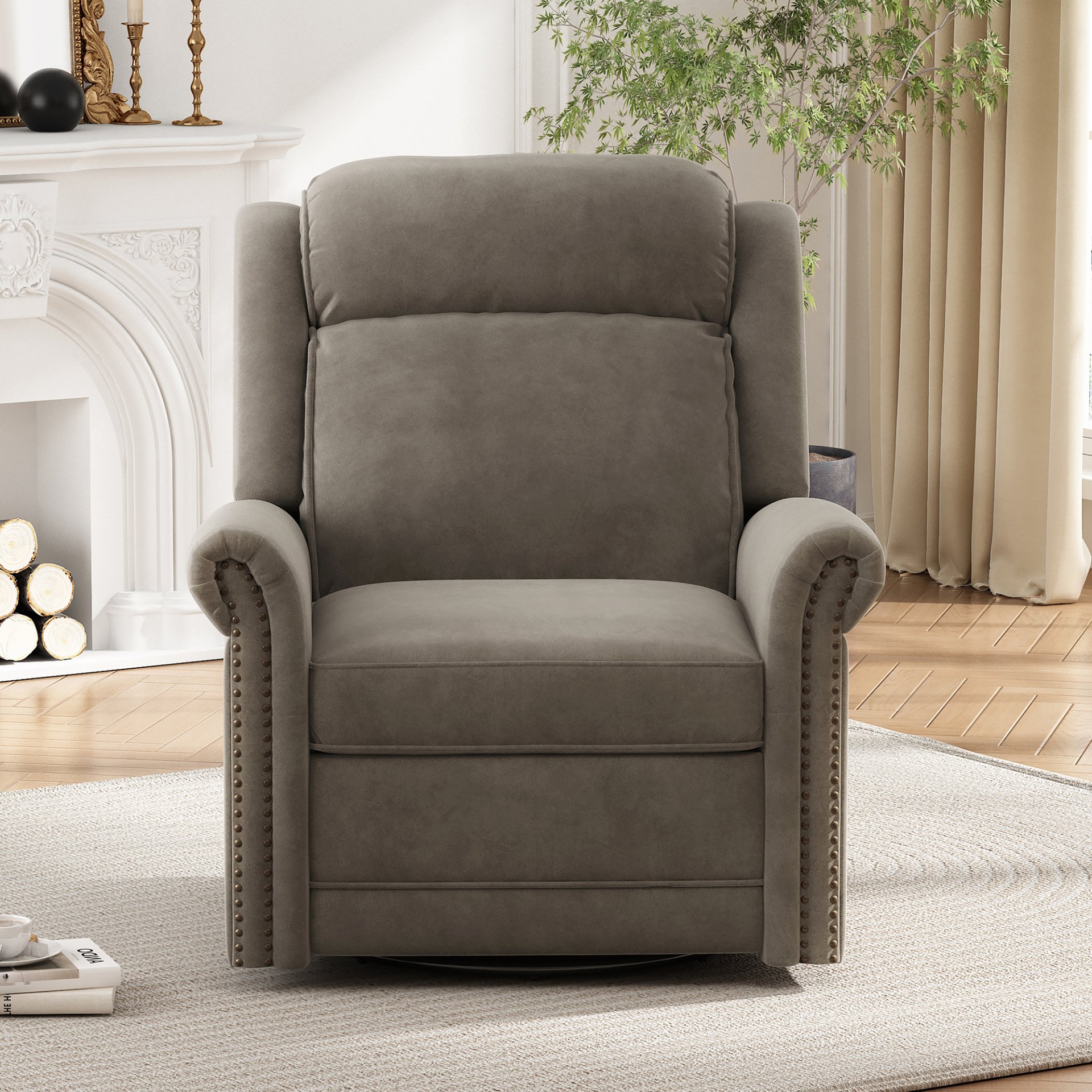360 Degrees Swivel Recliner Manual Rocking With Adjustable Backrest For Living Room - Light Brown - Image 2