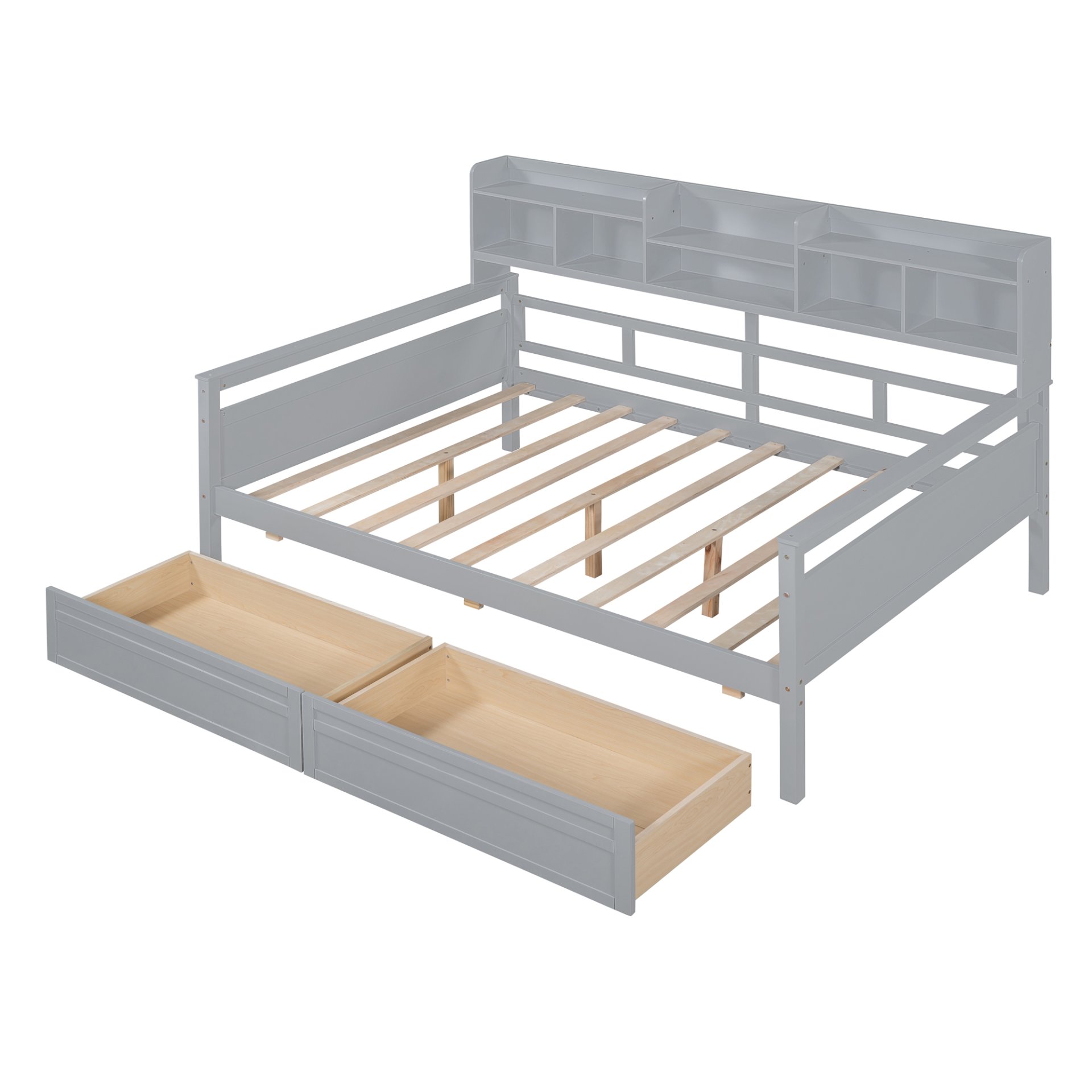 Full Size Daybed, Slat Support, With Bedside Shelf And 2 Drawers - Gray - Image 5