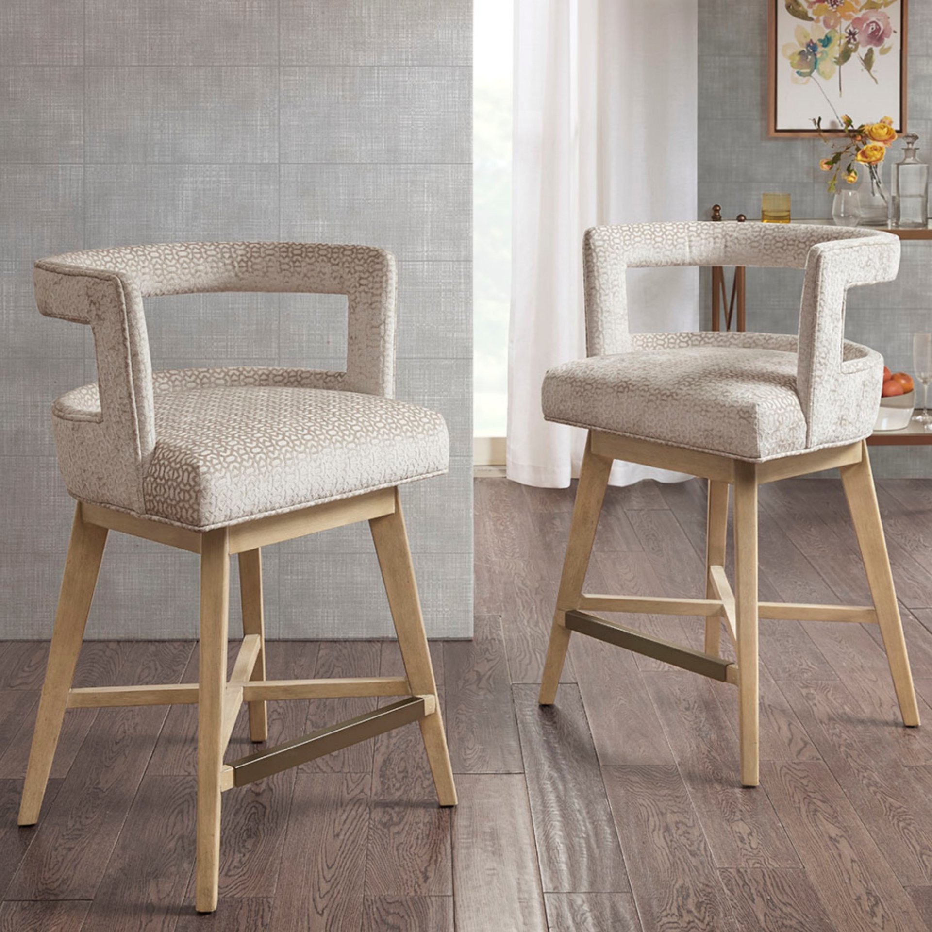 Contemporary Design Swivel Counter Stool With Low Back Support Polyester And Solid Wood - Cream - Image 2