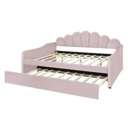 Full Size Upholstery Daybed Frame With Shell Shaped Backrest And Trundle - Pink