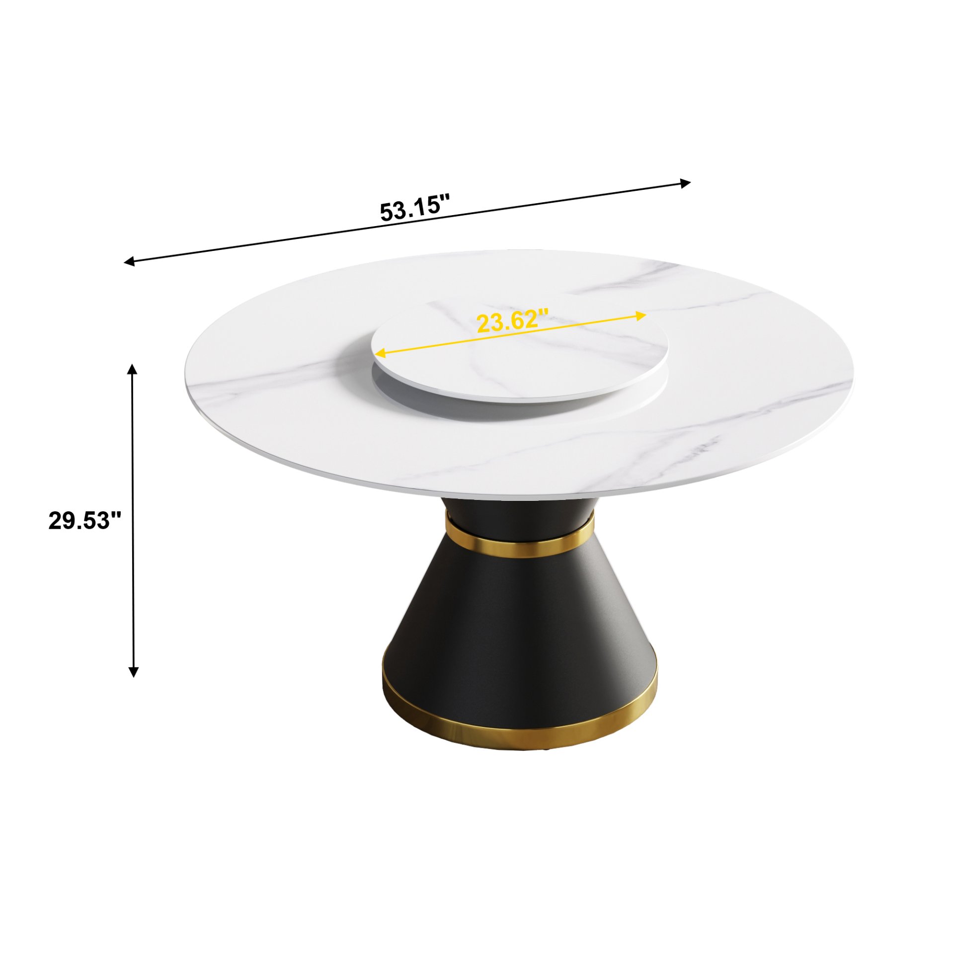 53" Modern Artificial Stone Round Carbon Steel Base Dining Table, Can Accommodate 6 People, Artificial Stone Turntable - White / Black - Image 3