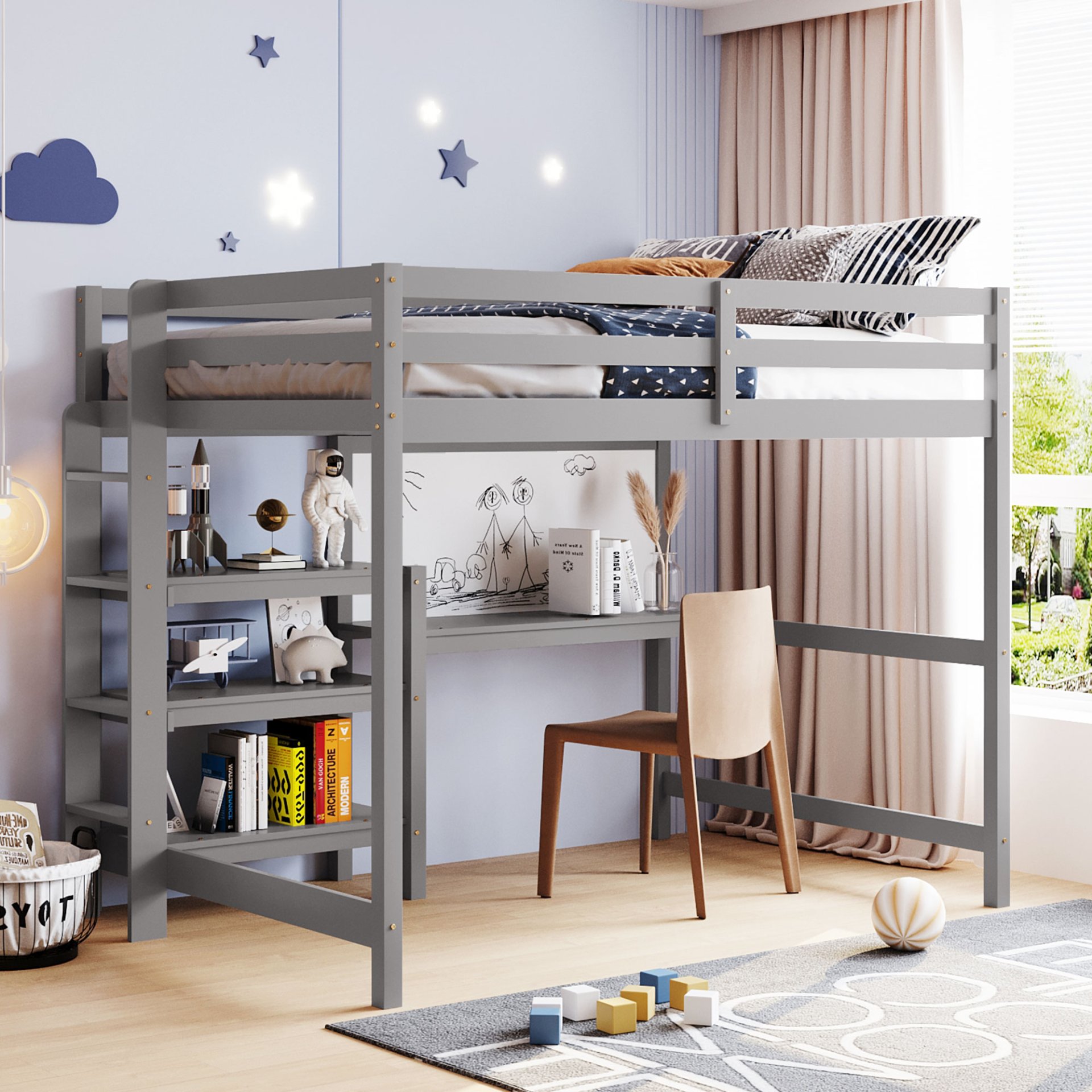 Full Size Loft Bed With Shelves, Desk And Writing Board - Gray - Image 2