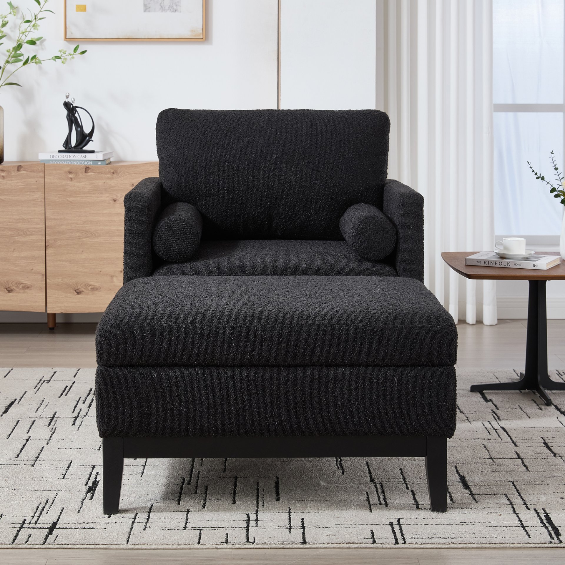 Farmhouse Upholstered Accent Chair With Ottoman Wood Base, Reversible Lid Coffee Table For Living Room Or Office - Black - Image 4