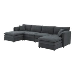 Chenille Modular Sectional Sofa, U Shaped Cloud Couch Set With Double Cushions, 6 Seat Sleeper Sofa Bed With Ottomans, Oversized Indoor Furniture - Dark Gray
