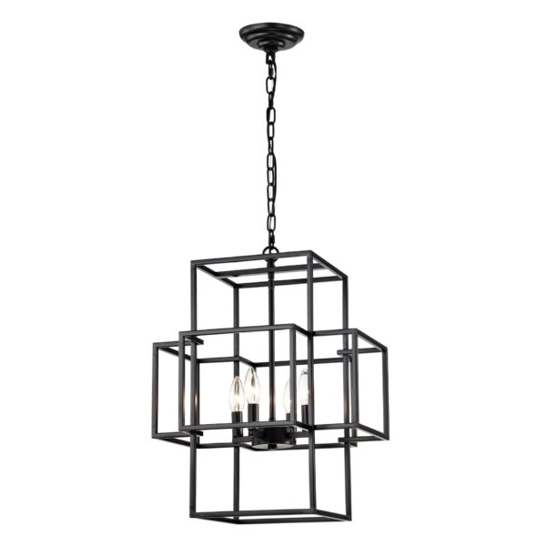 4 Light Metal Lantern Tiered Pendant Hanging Light Fixtures, Industrial Farmhouse Adjustable Height Chandeliers For Dining Room Hallway Foyer Entryway (E12 Bulbs Not Included) - Matte Black
