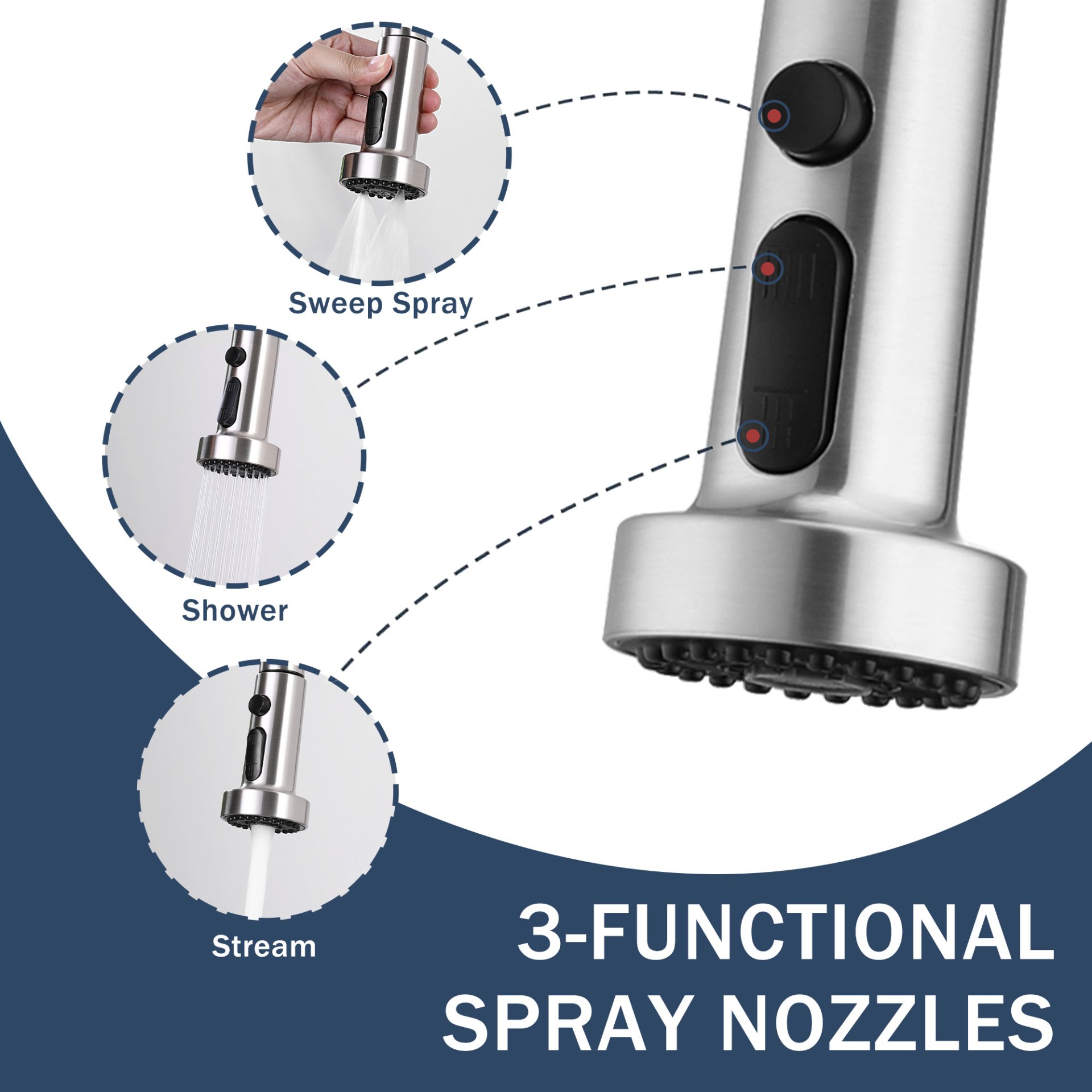 3 In 1 Kitchen Faucet With Press Type Glass Rinser, High Arc Pull Down Sprayer, 3 Function Spray Mode - Brushed Nickel - Image 7