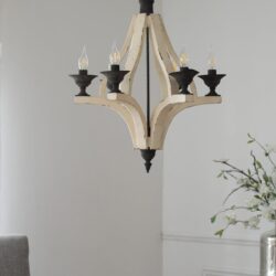 6 Light Wood Chandelier, Hanging Light Fixture With Adjustable Chain For Kitchen, Bulb Not Included - Cream